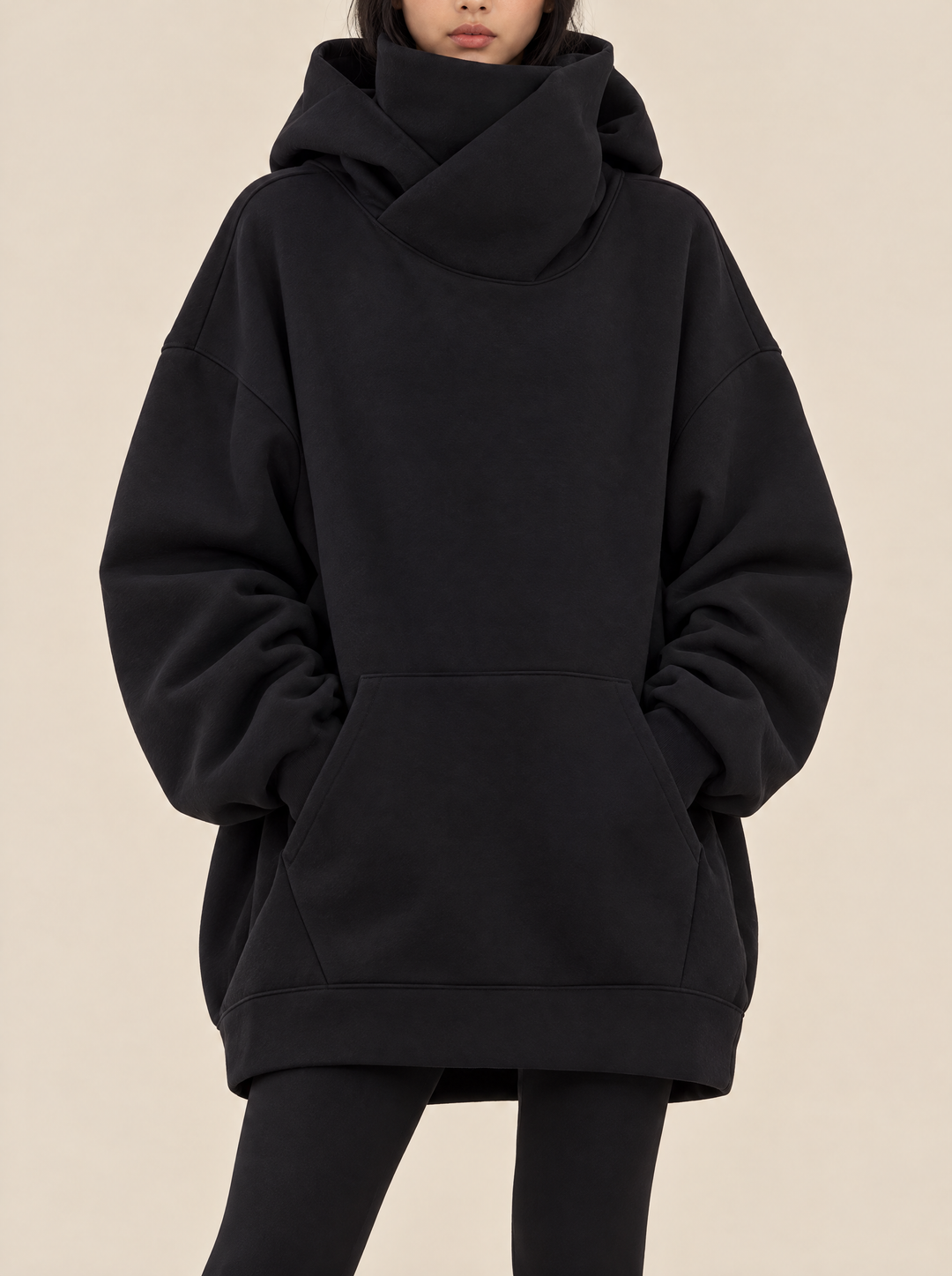 Rosie women's oversized high neck hoodie in black, front view