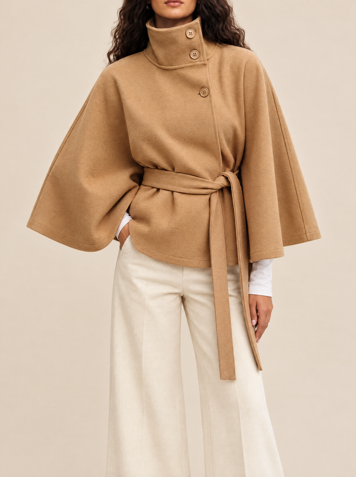 Bianca cape coat with high collar, khaki, front view