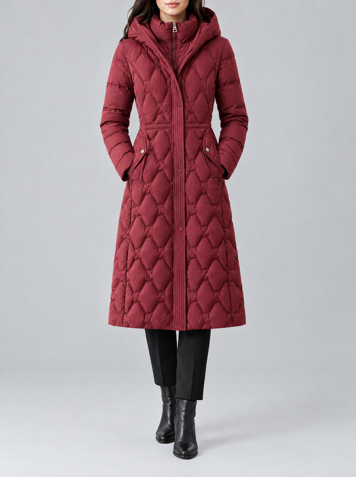 Lily longline hooded puffer coat, burgundy