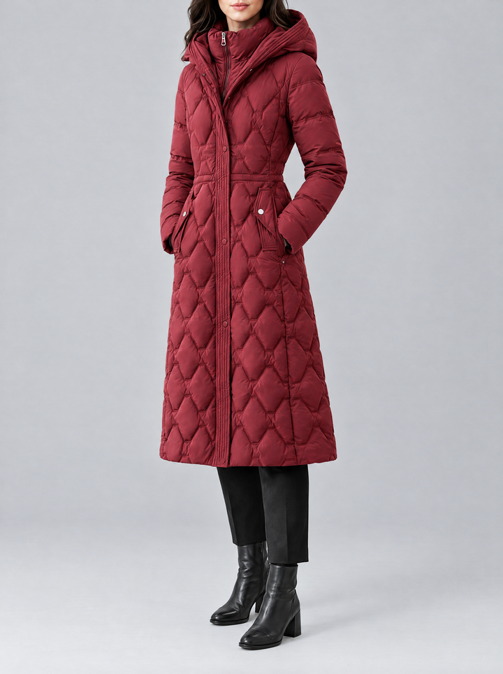 Lily longline hooded puffer coat, side view, burgundy