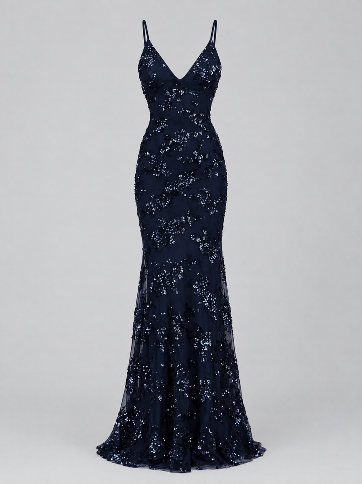 Vivienne long sequin dress, navy, front view