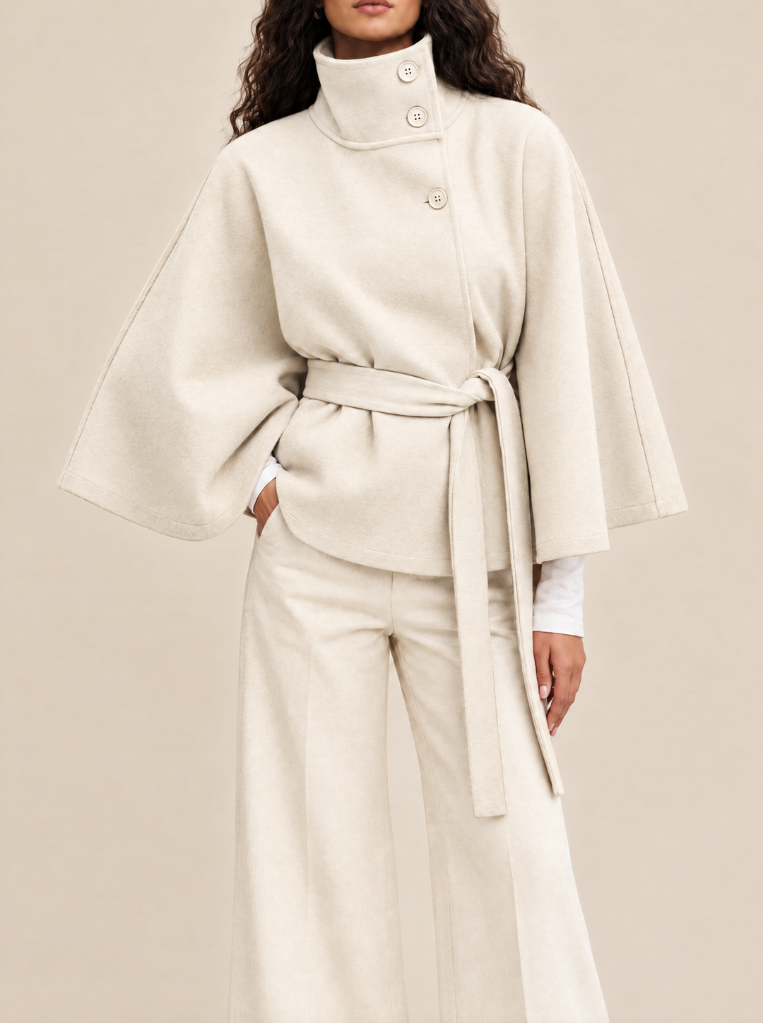 Bianca cape coat with high collar, white, front view
