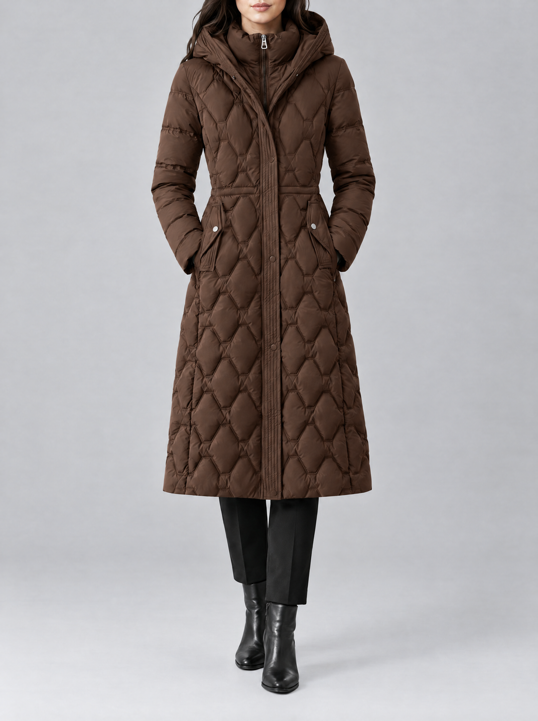 Lily longline hooded puffer coat, brown