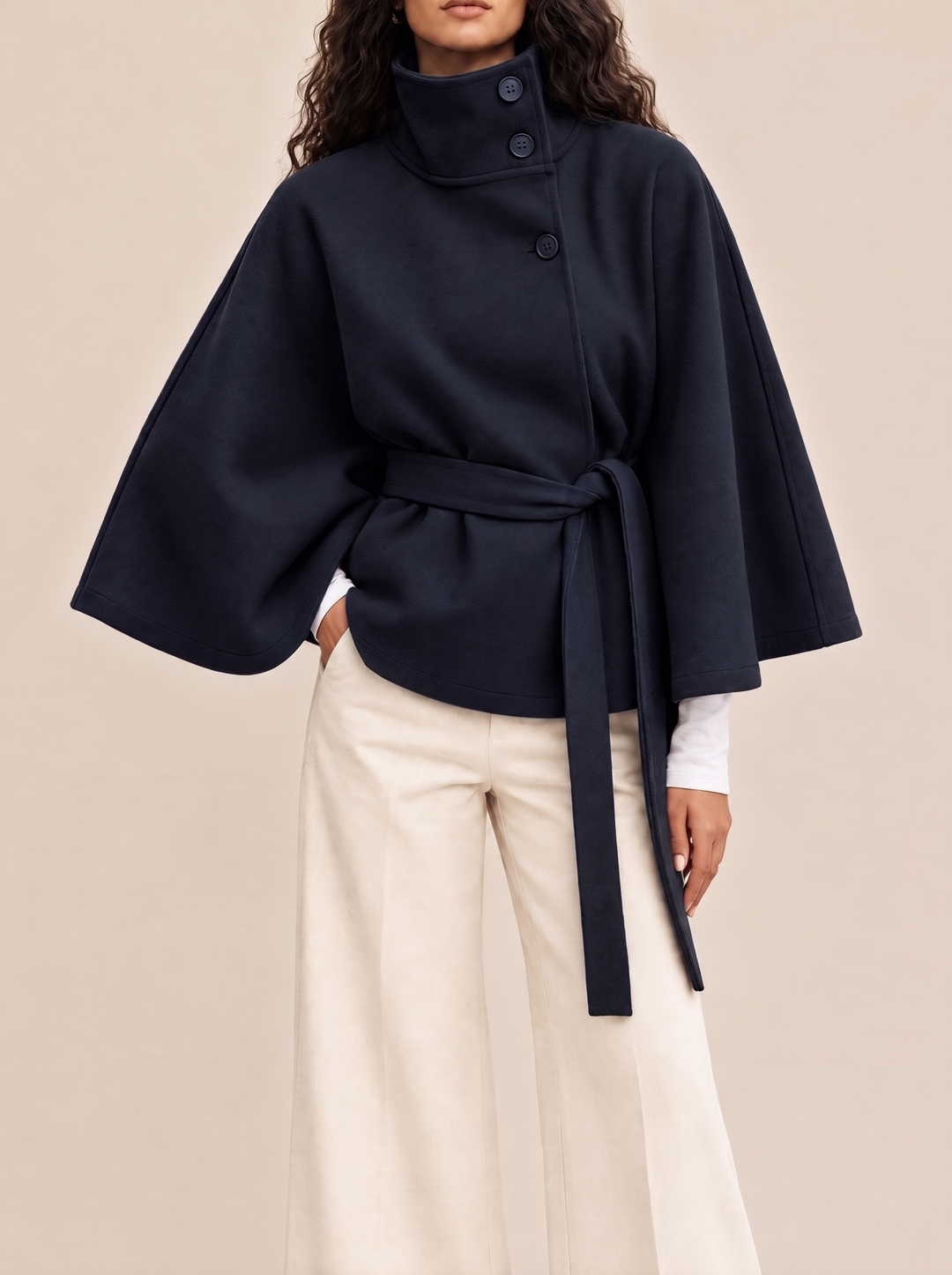 Bianca cape coat with high collar, navy, front view