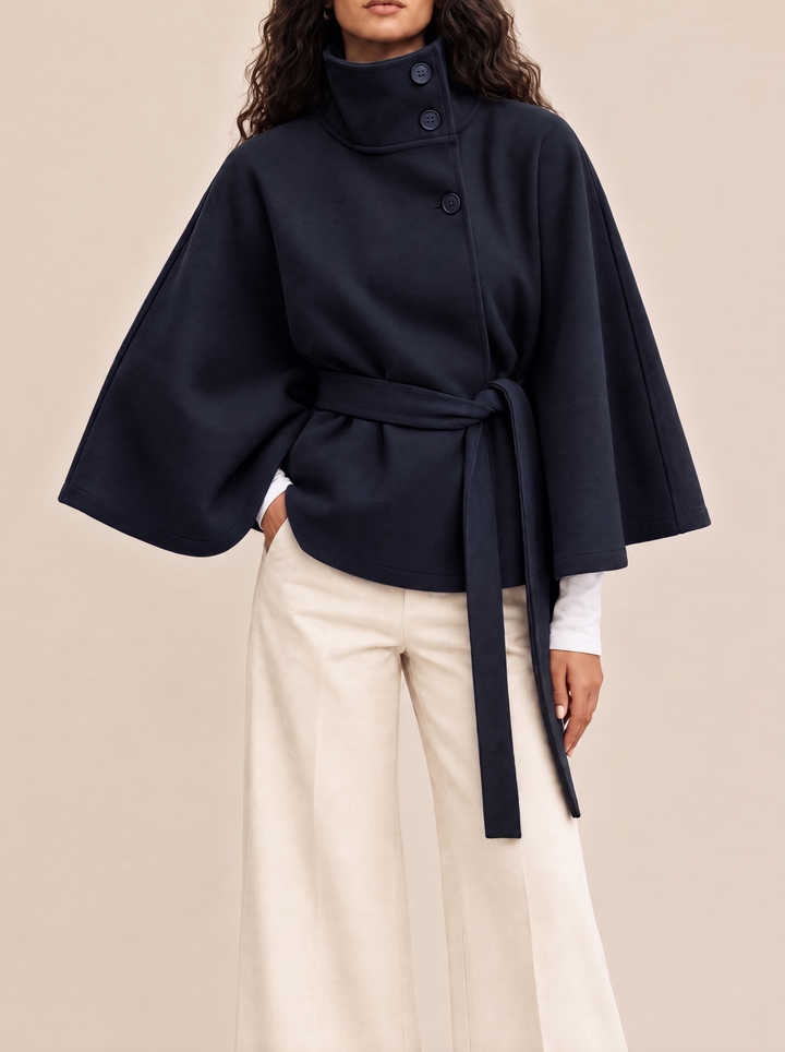 Bianca cape coat with high collar, navy, front view