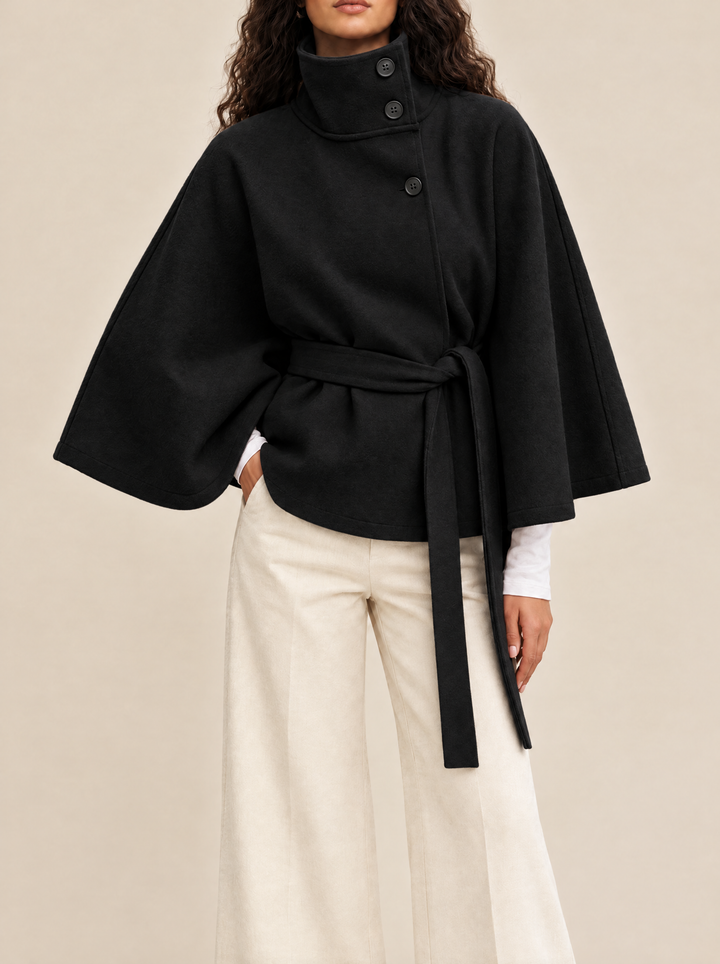 Bianca cape coat with high collar, black, front view