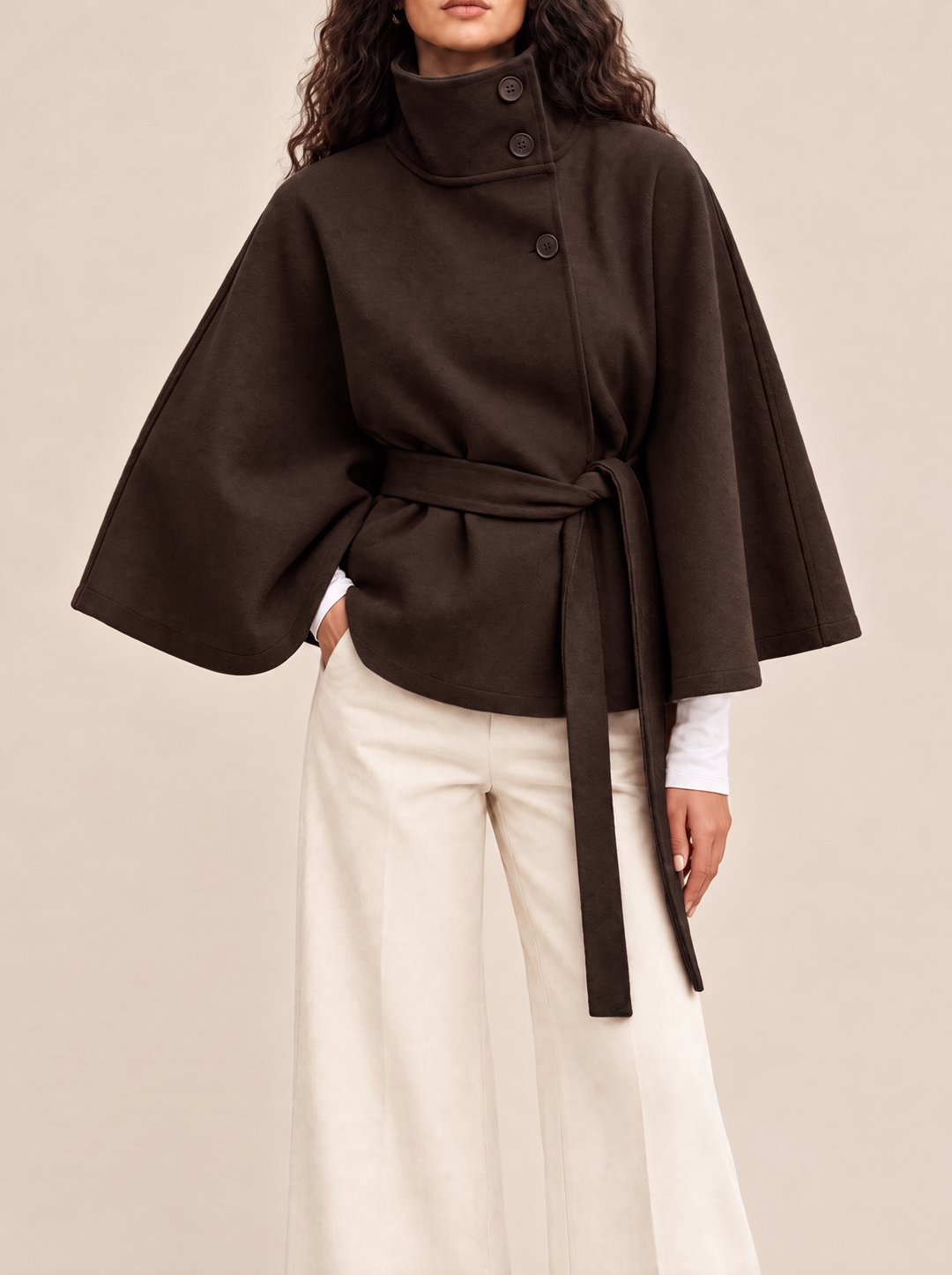 Bianca cape coat with high collar, brown, front view