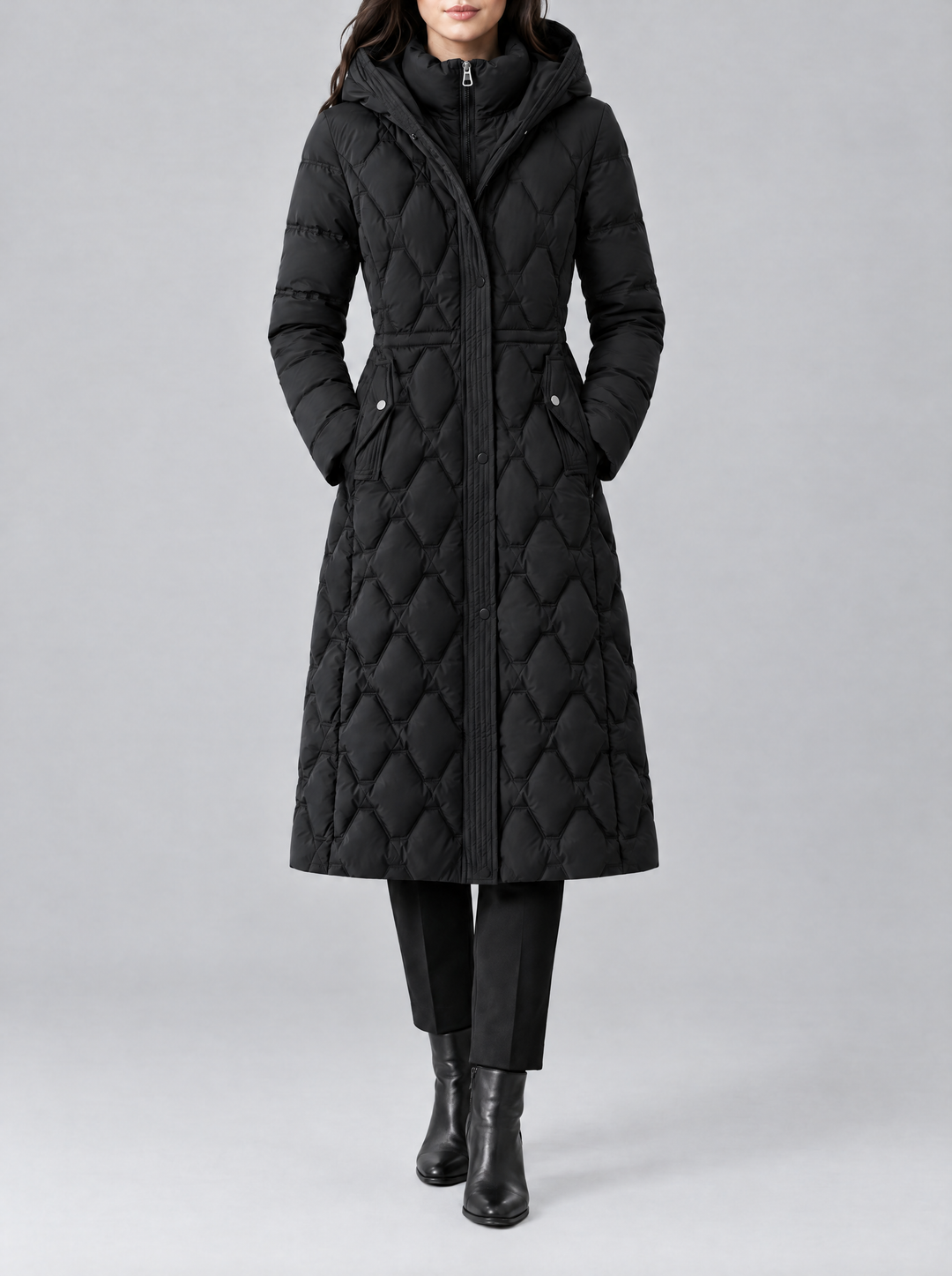 Lily longline hooded puffer coat, black
