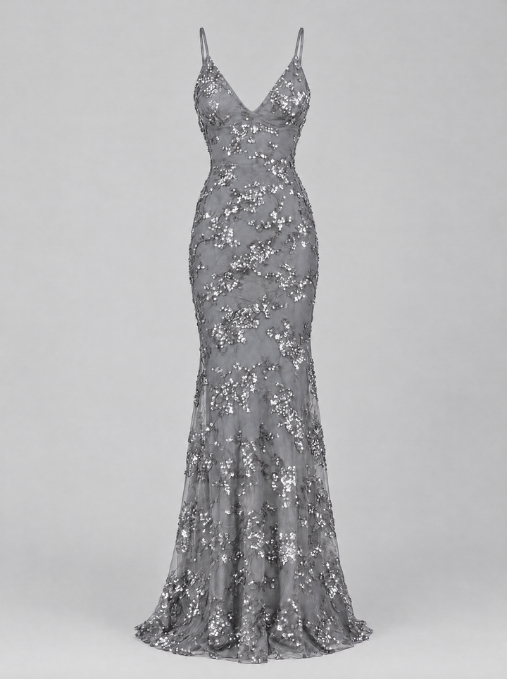 Vivienne long sequin dress, gray, front view