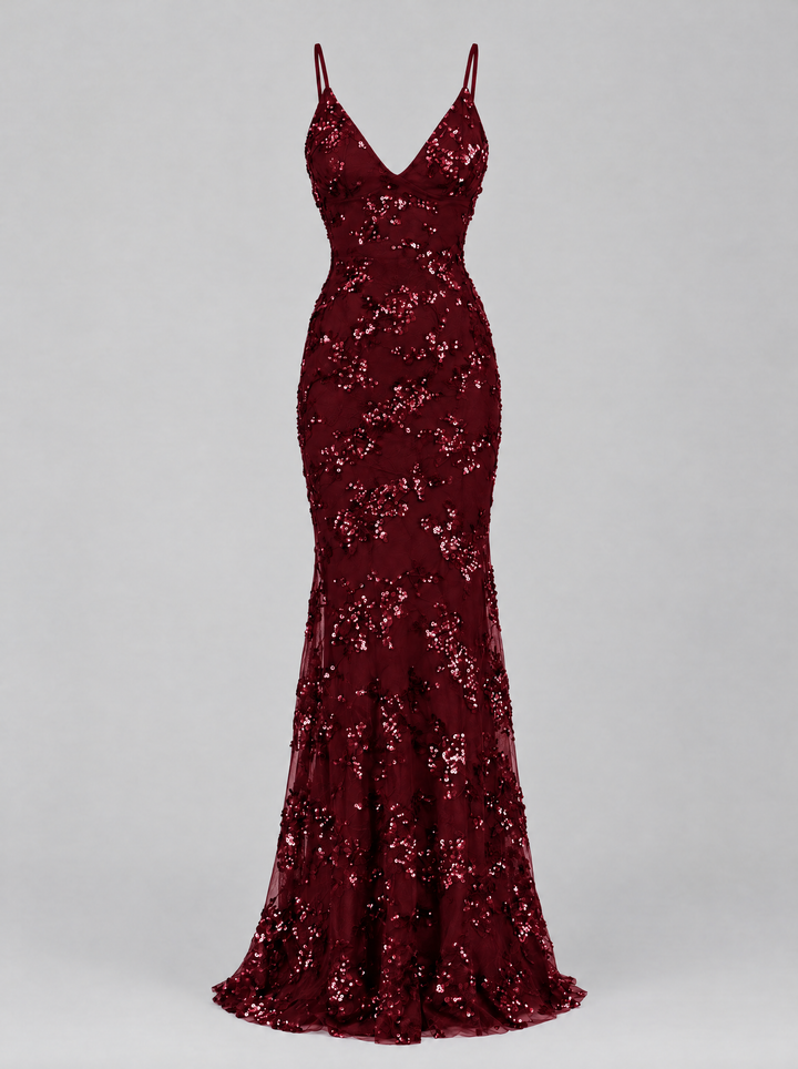 Vivienne long sequin dress, wine red, front view