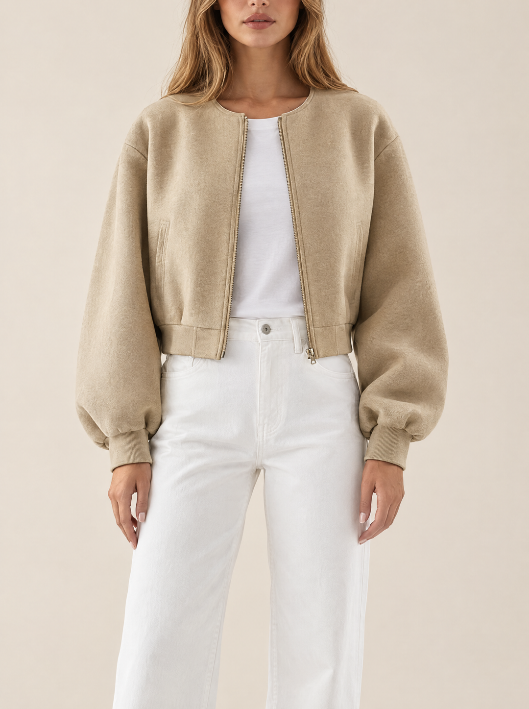 Quinn collarless bomber jacket, khaki, front view