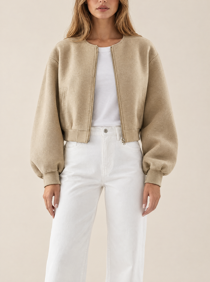 Quinn collarless bomber jacket, khaki, front view