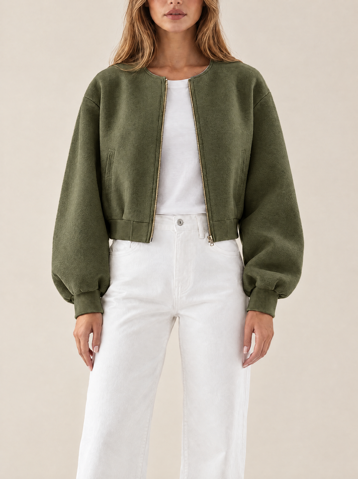 Quinn collarless bomber jacket, army green, front view