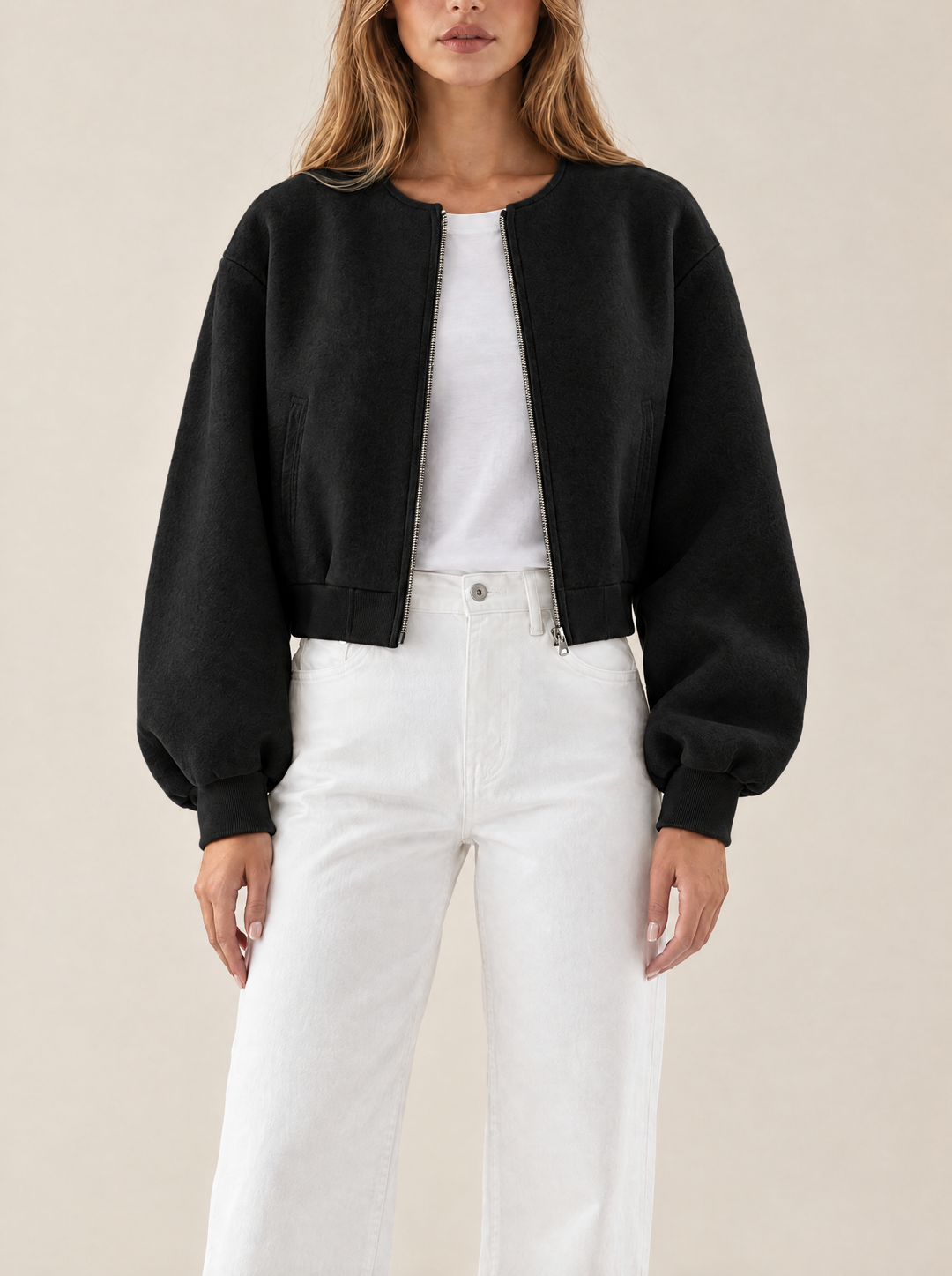 Quinn collarless bomber jacket, black, front view