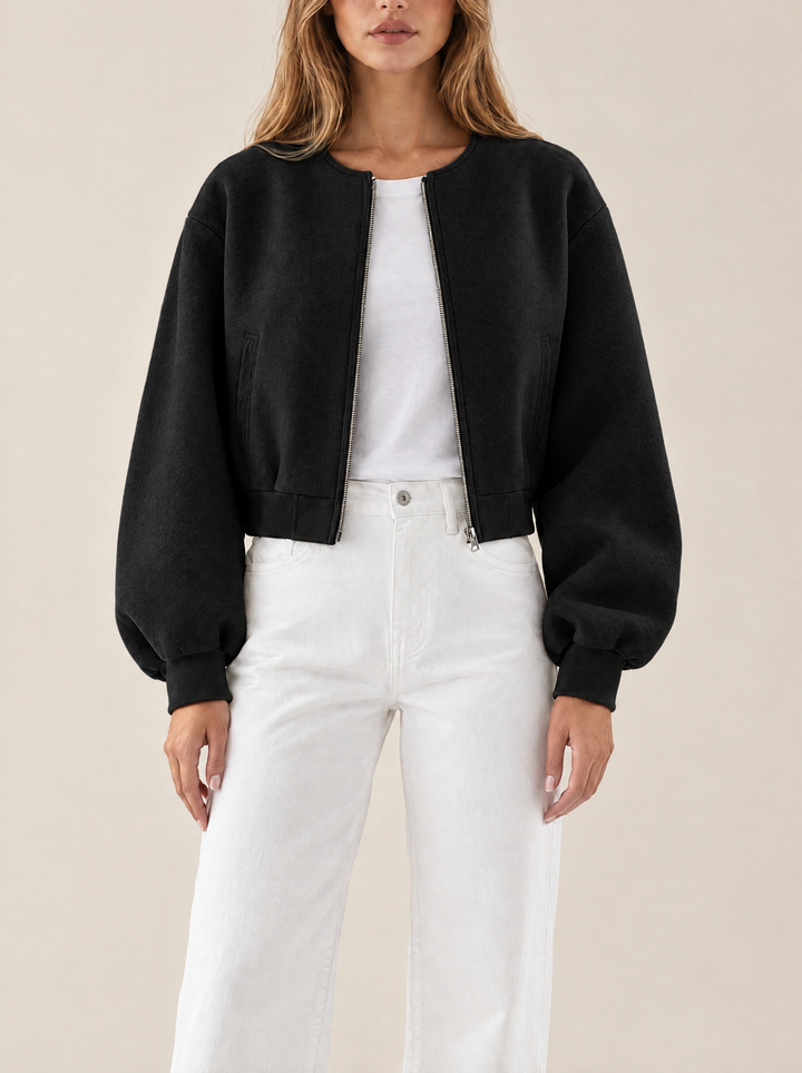 Quinn collarless bomber jacket, black, front view