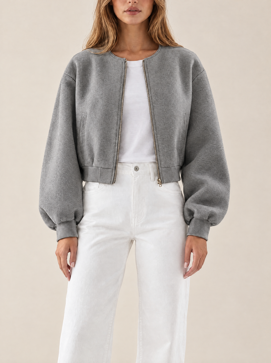 Quinn collarless bomber jacket, gray, front view