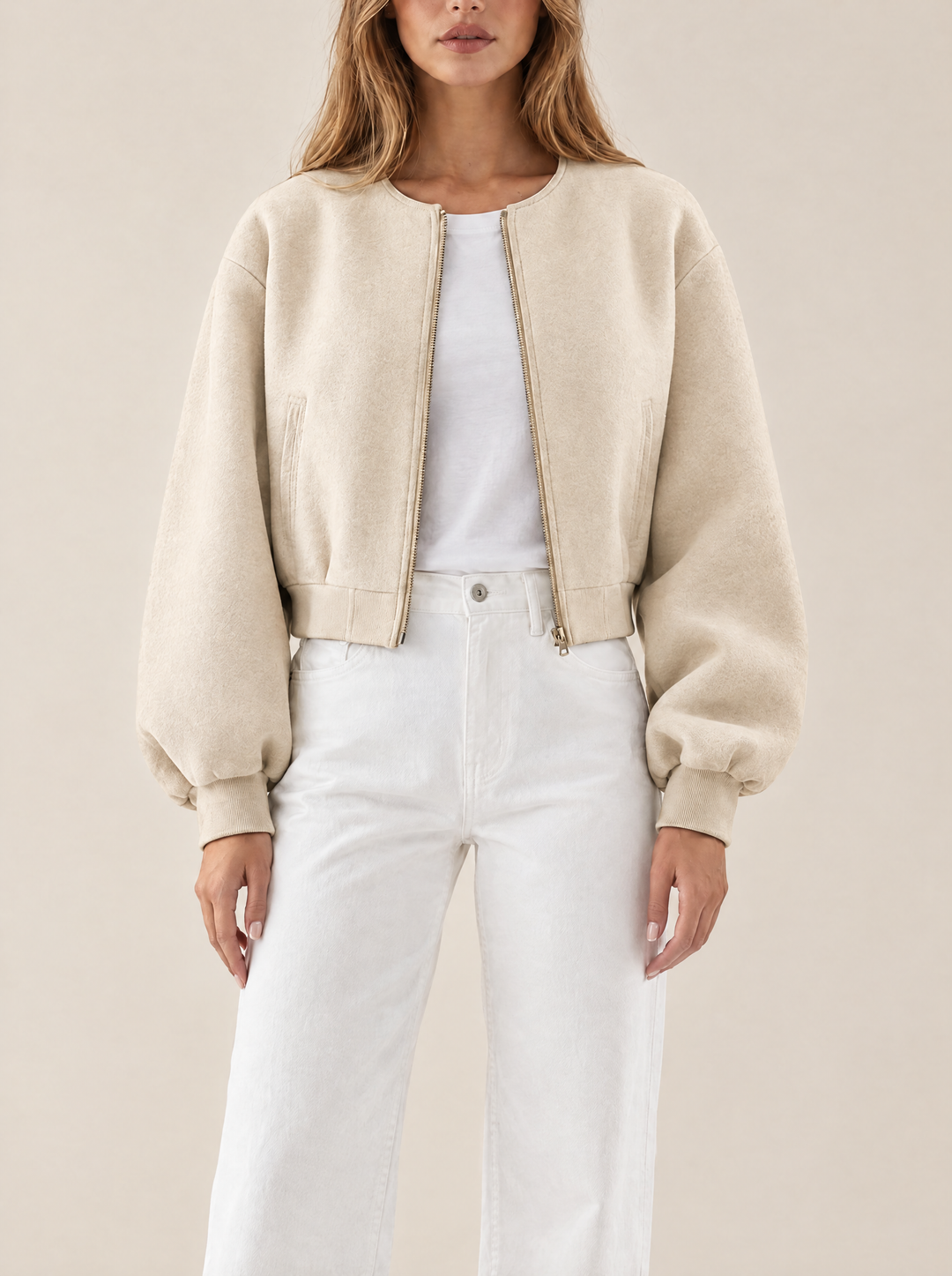 Quinn collarless bomber jacket, beige, front view
