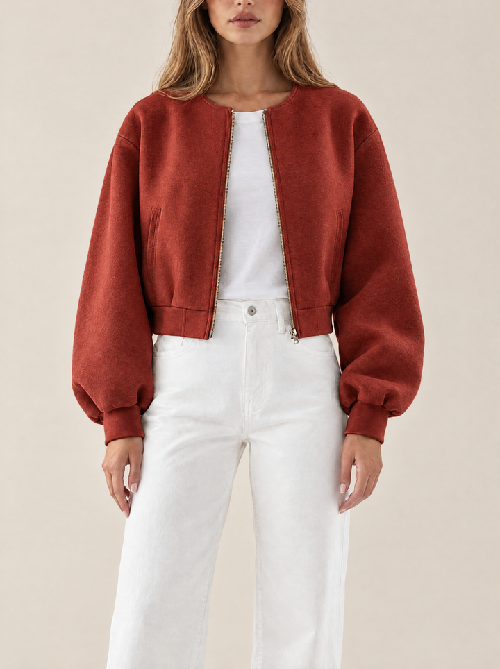 Quinn collarless bomber jacket, red, front view