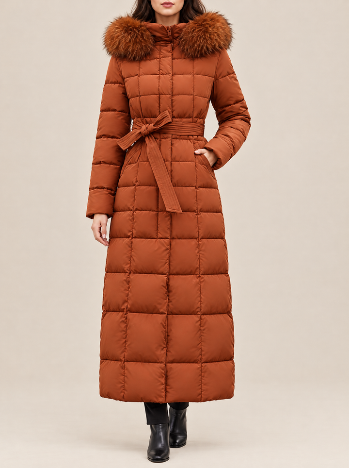Greta long puffer coat with faux fur hood, rust