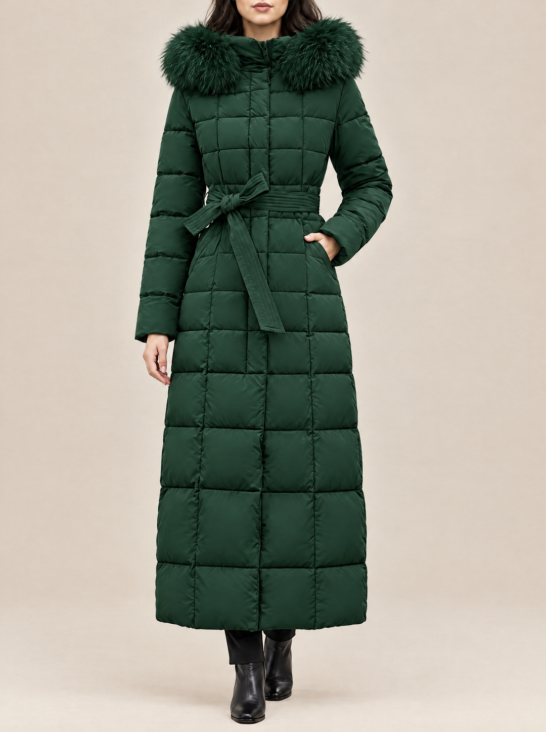 Greta long puffer coat with faux fur hood, hunter green