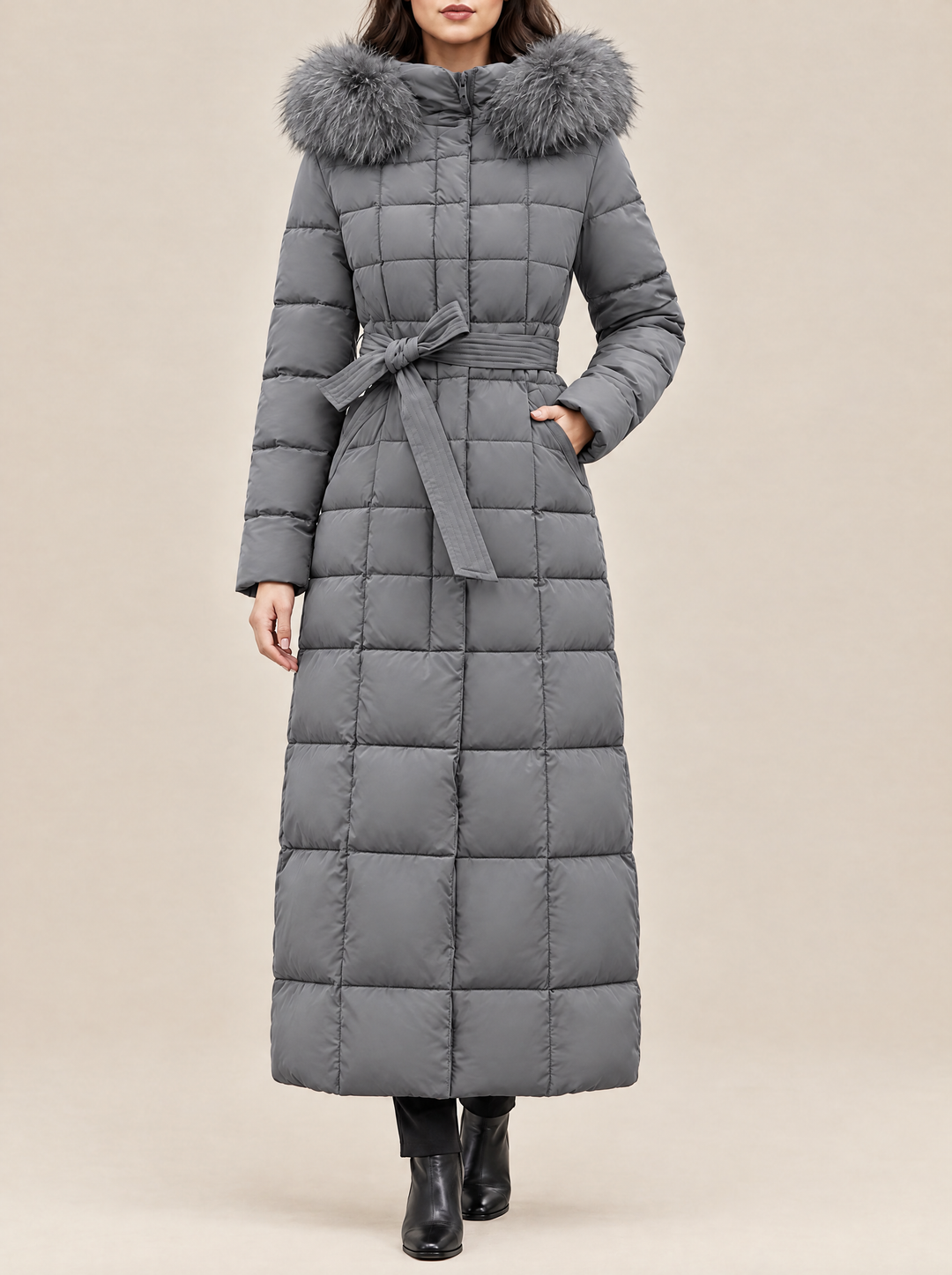 Greta long puffer coat with faux fur hood, gray