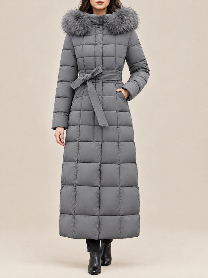 Greta long puffer coat with faux fur hood, gray
