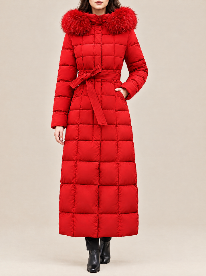 Greta long puffer coat with faux fur hood, red