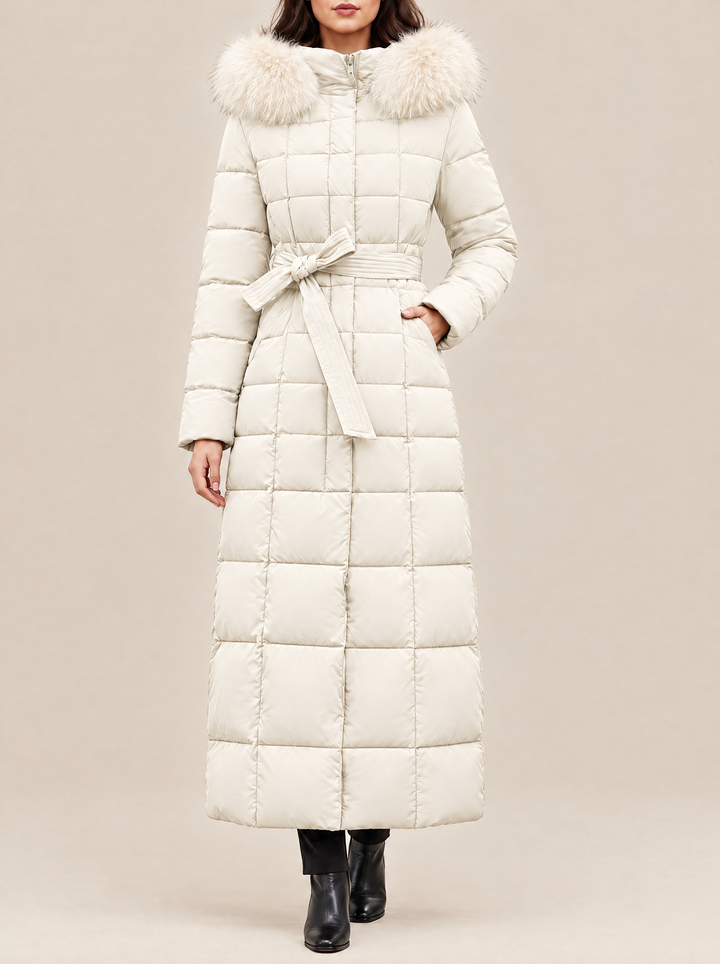 Greta long puffer coat with faux fur hood, ecru