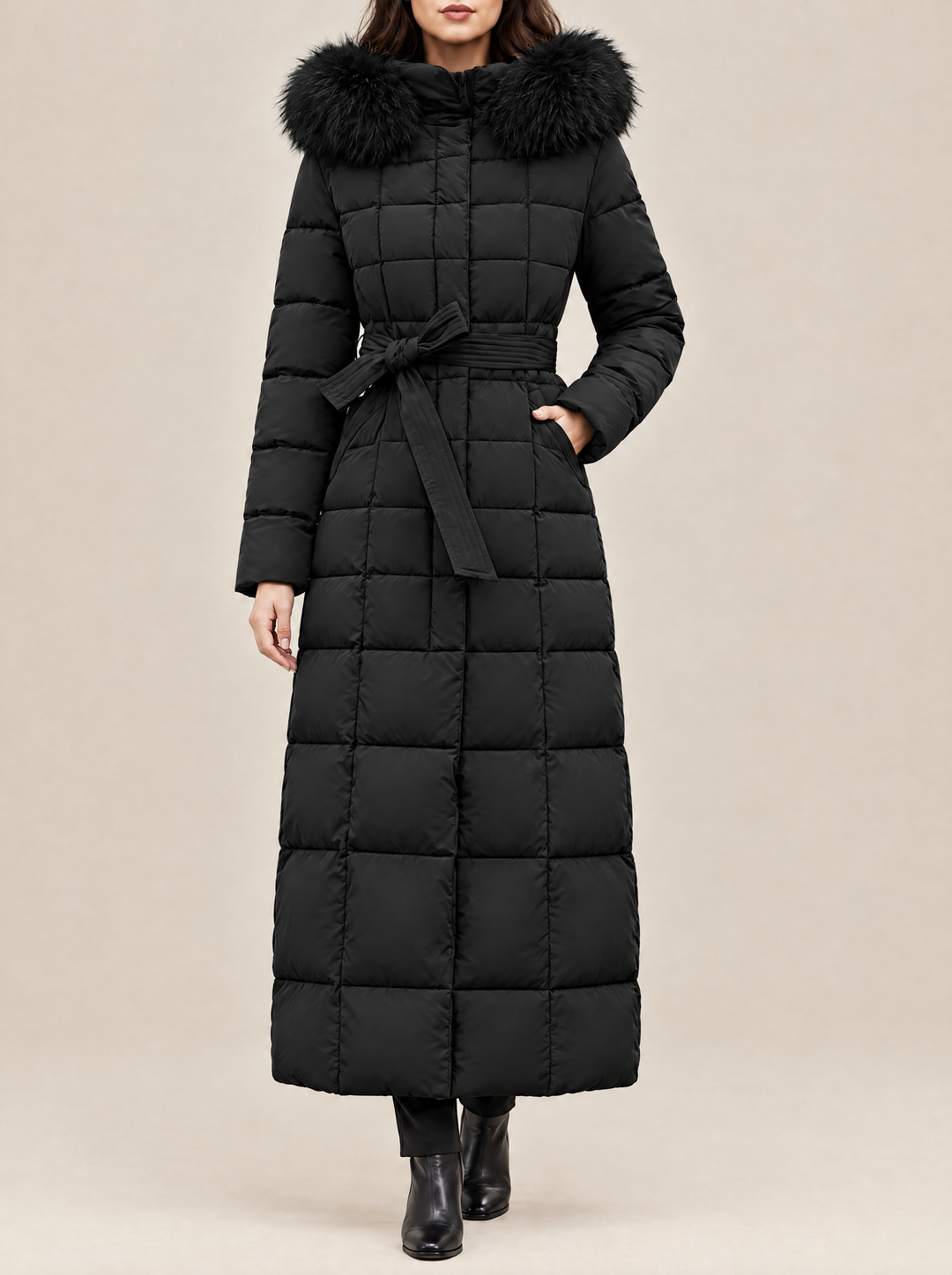 Greta long puffer coat with faux fur hood, black