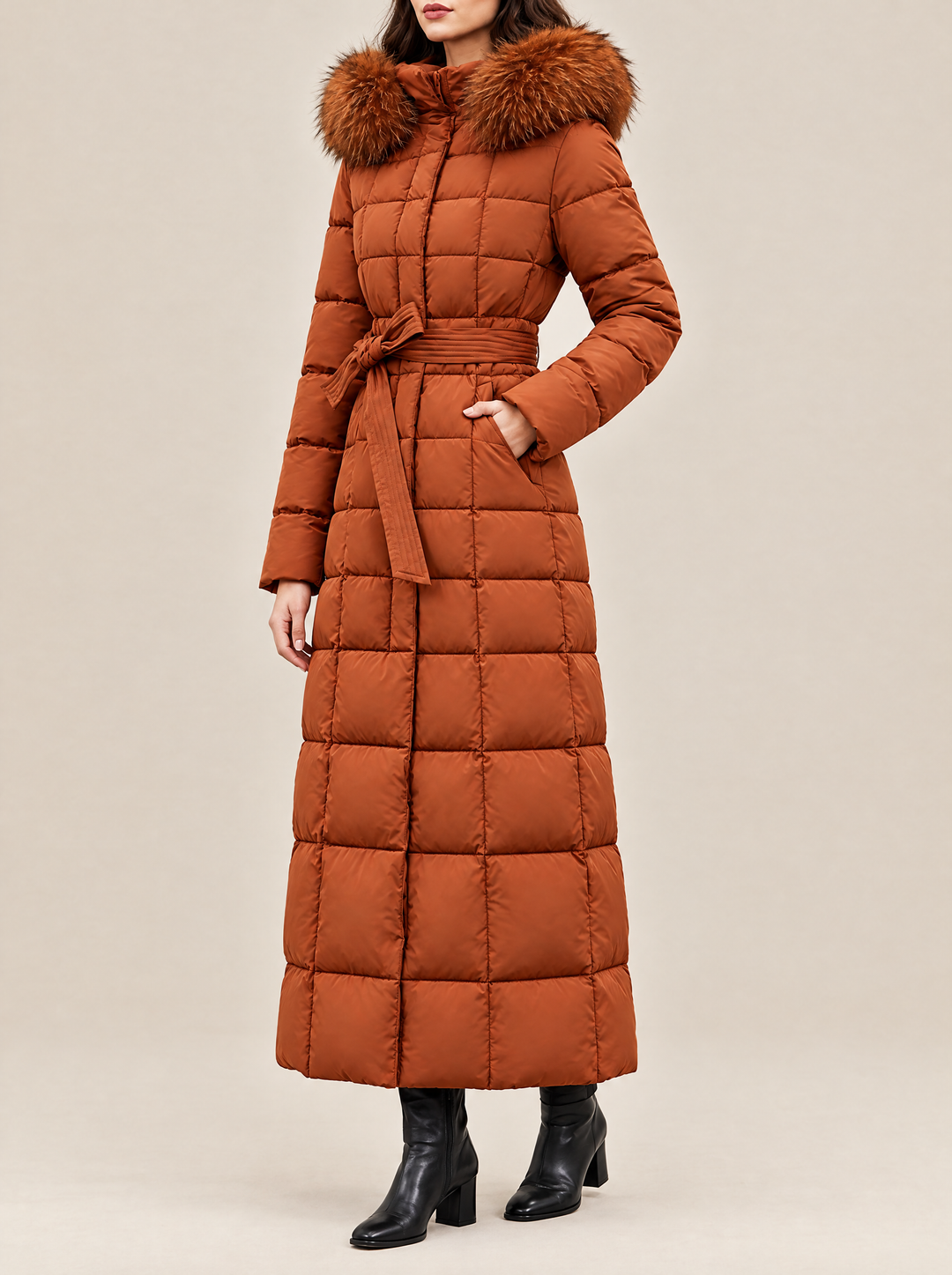 Greta long puffer coat with faux fur, side view, rust