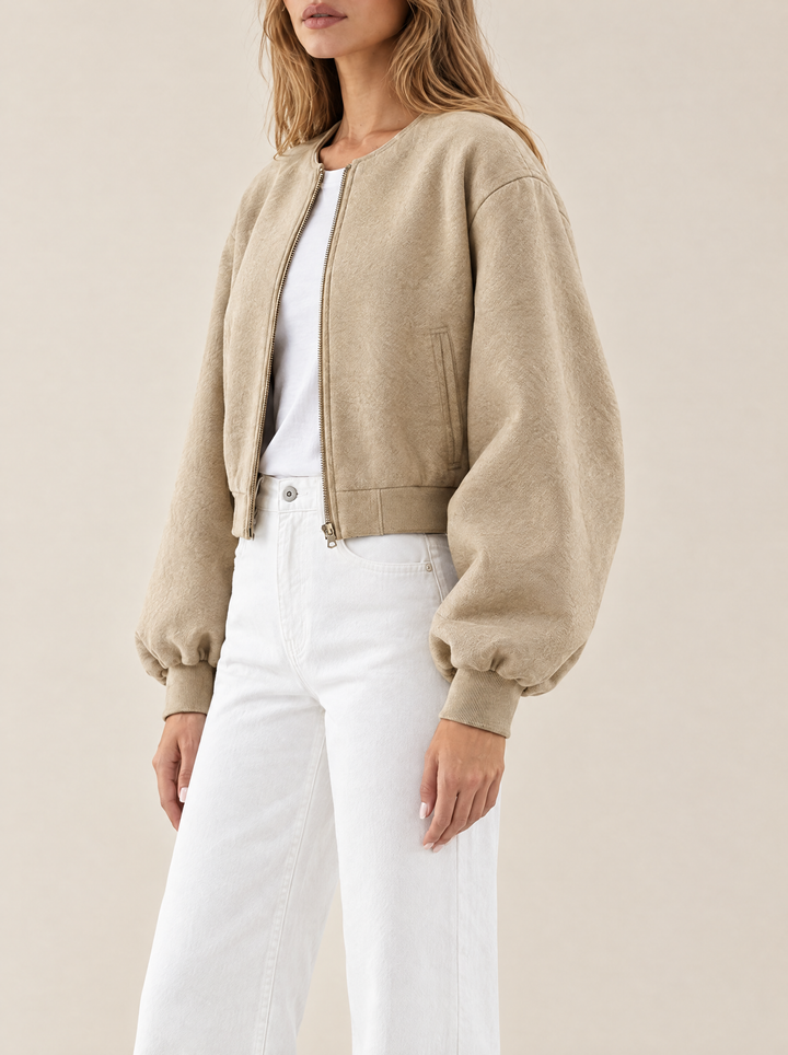 Quinn collarless bomber jacket, khaki, side view