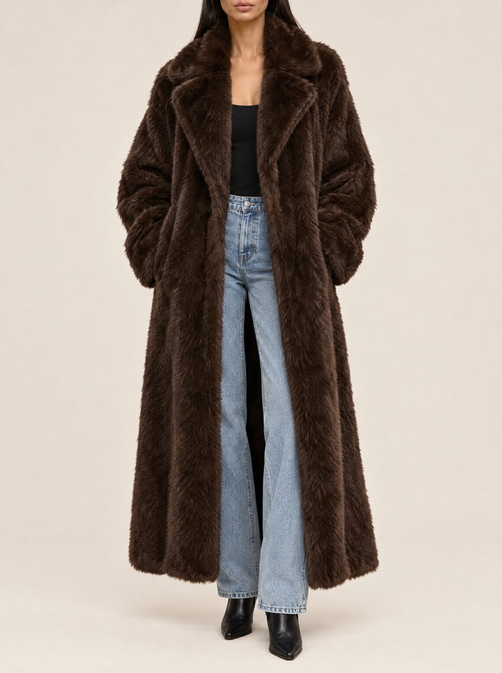 Margot faux fur coat with wide lapels, dark brown