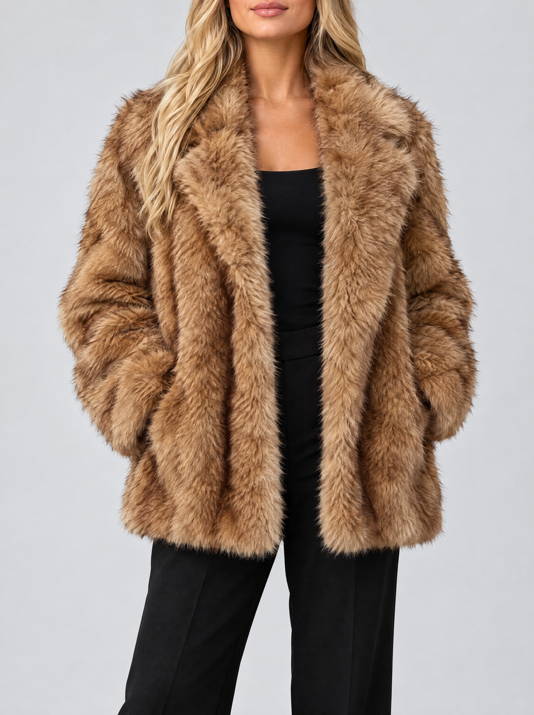 Fiona brown faux fur coat with open front
