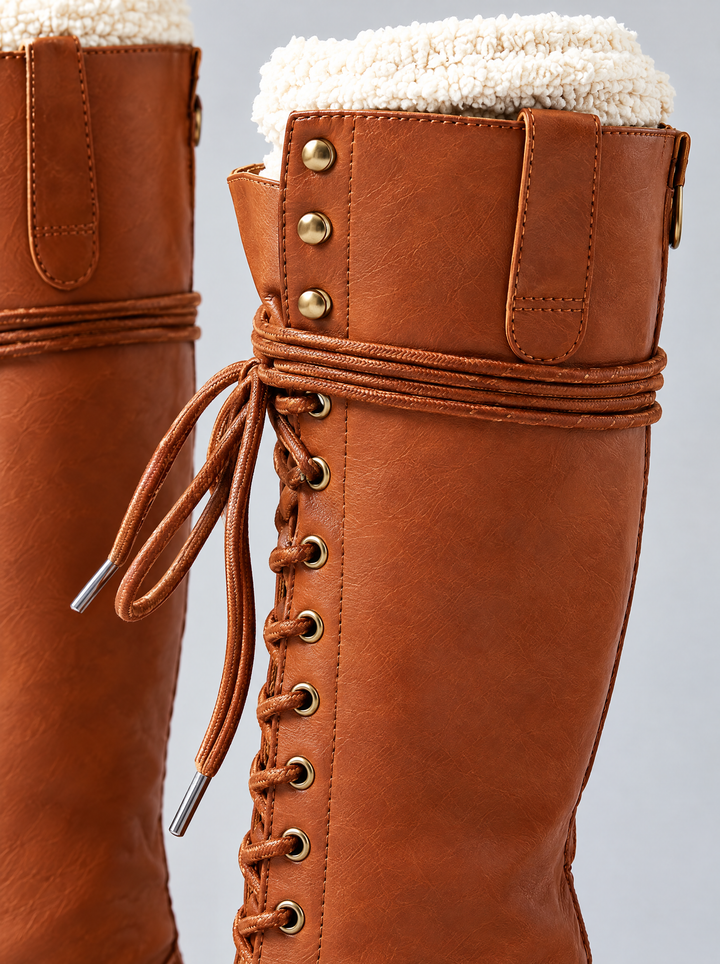 Ruby lace up knee high boots detail, cognac