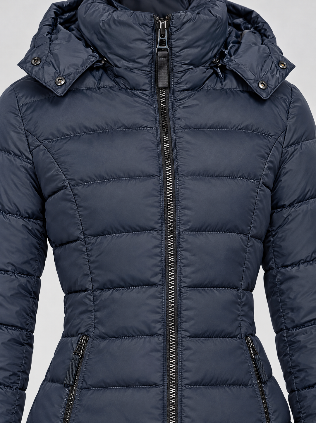 Olivia long hooded puffer coat detail, navy