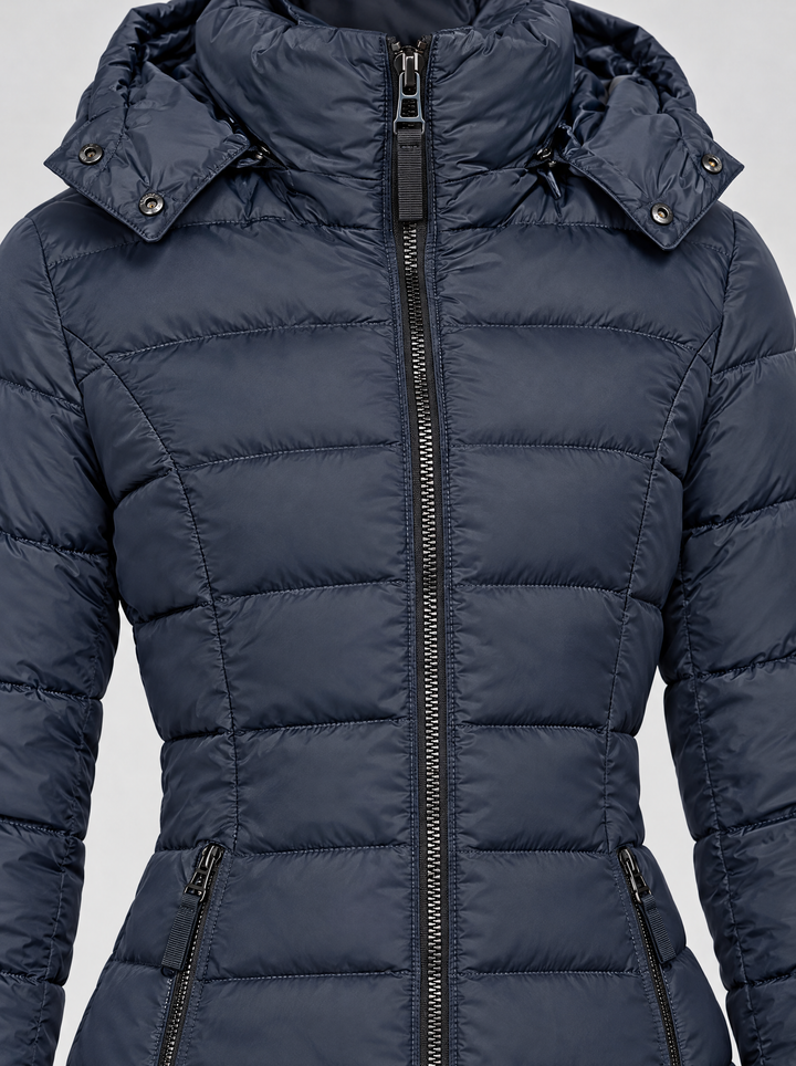 Olivia long hooded puffer coat detail, navy