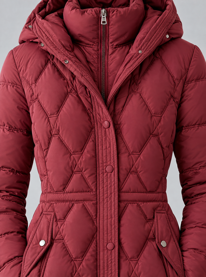 Lily hooded puffer coat detail, burgundy