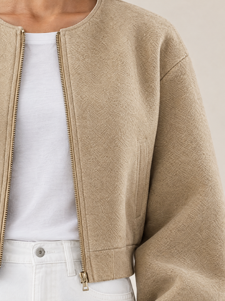 Quinn collarless bomber jacket, khaki, detail