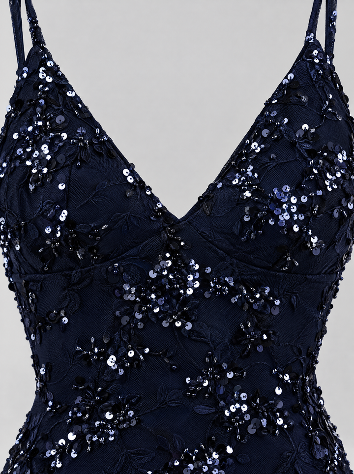 Vivienne long sequin dress, navy, detail