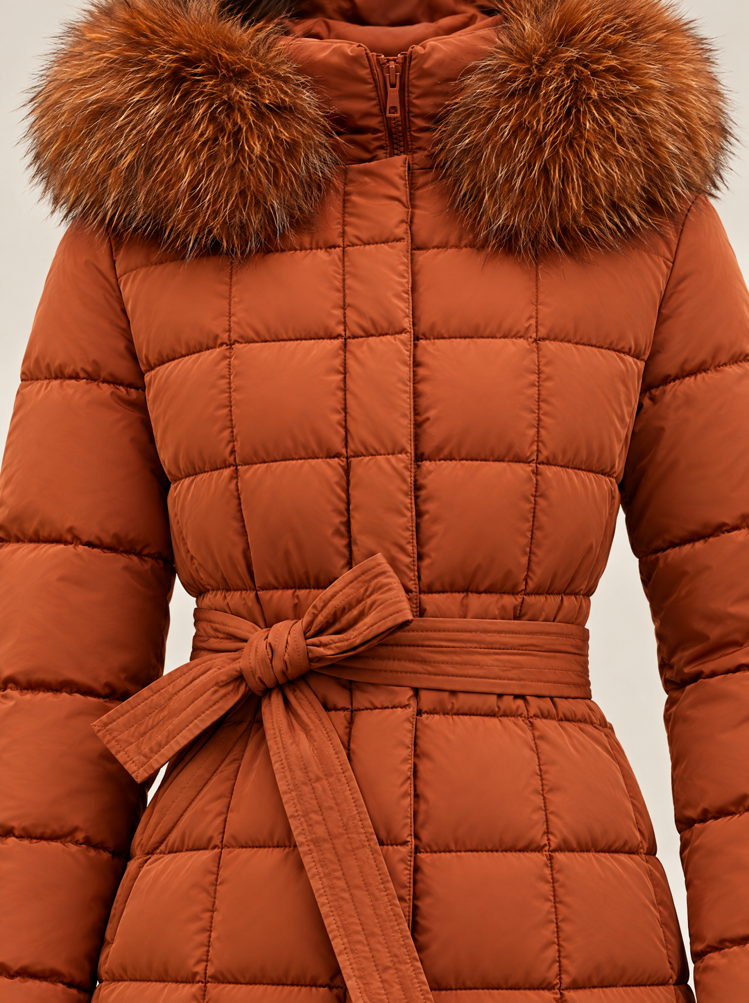 Greta long puffer coat with faux fur detail, rust