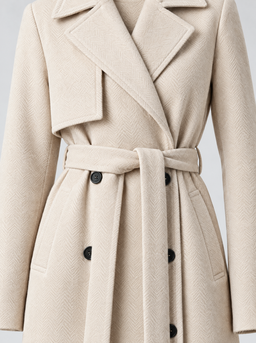 Juno double breasted coat detail, cream