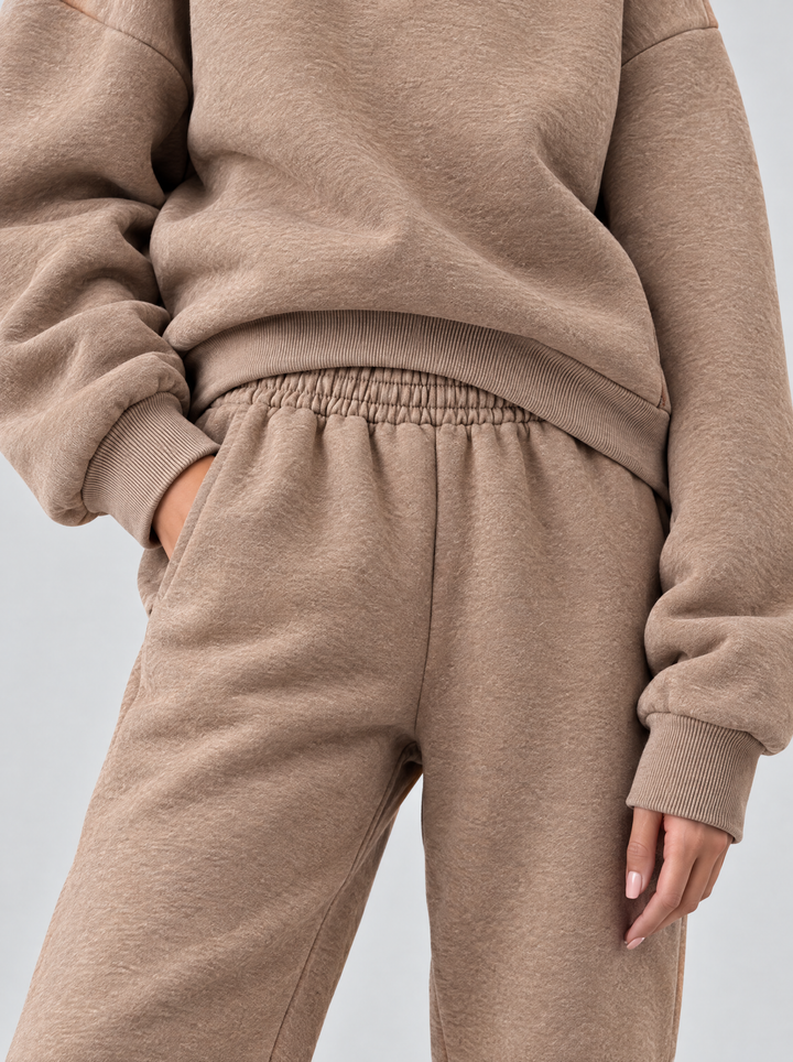 Remi hoodie and joggers lounge set detail, light brown