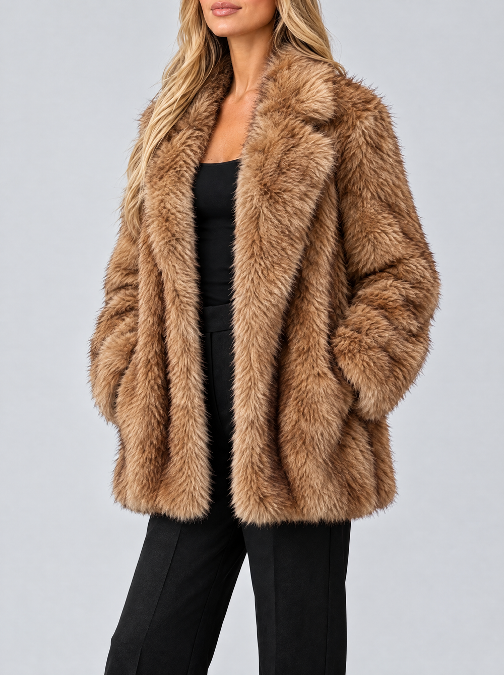 Fiona brown open front faux fur coat, side view
