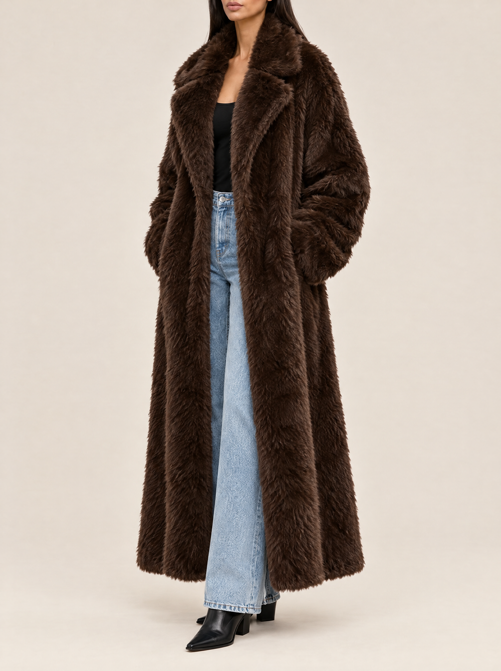 Margot faux fur coat with wide lapels, side view, dark brown
