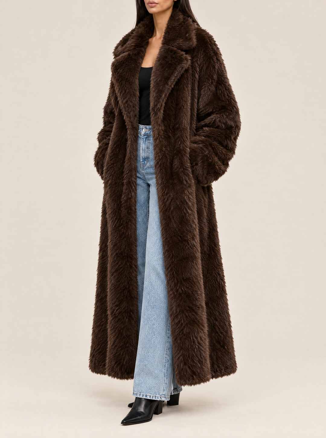 Margot faux fur coat with wide lapels, side view, dark brown