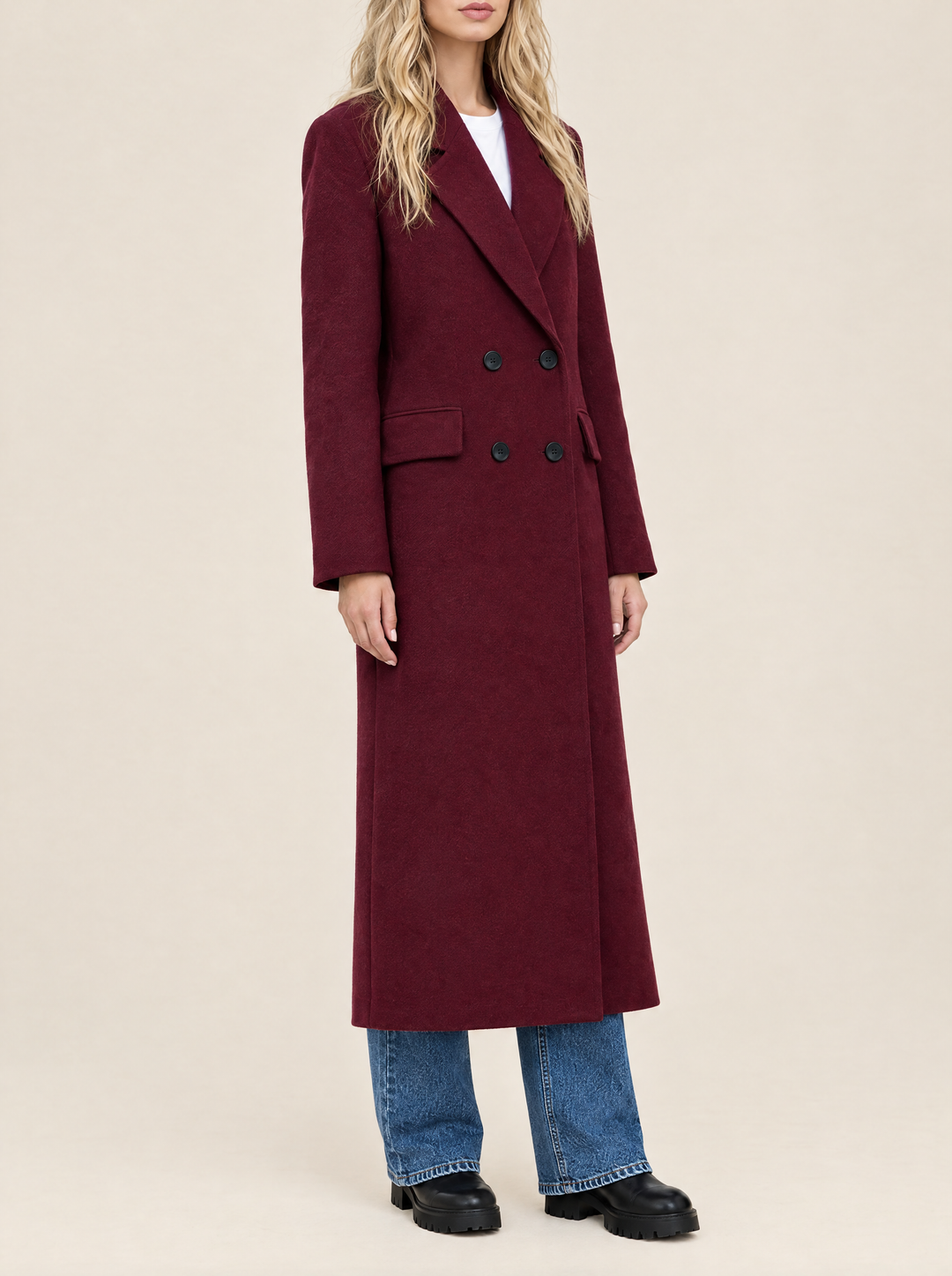 Celine burgundy long double breasted coat, side view