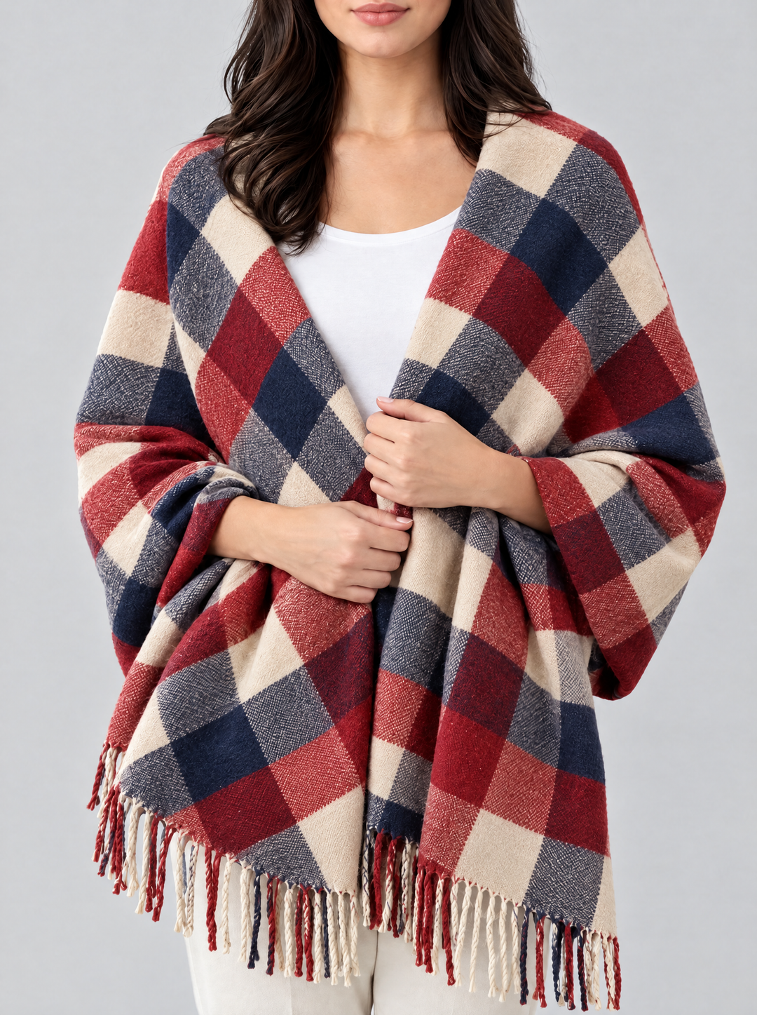 Coleen oversized checked blanket scarf, red/blue