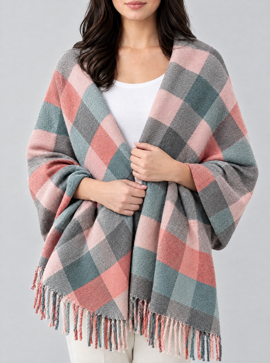 Coleen oversized checked blanket scarf, gray/pink