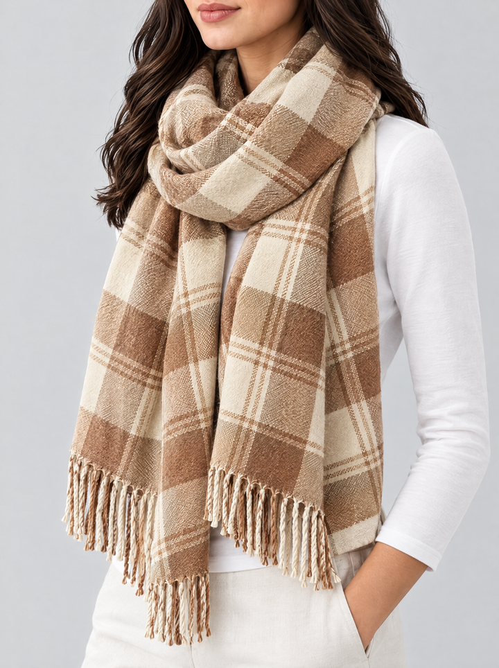 Coleen oversized checked blanket scarf, side view, beige