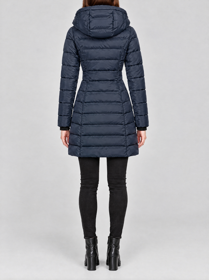 Olivia long hooded puffer coat, back view, navy